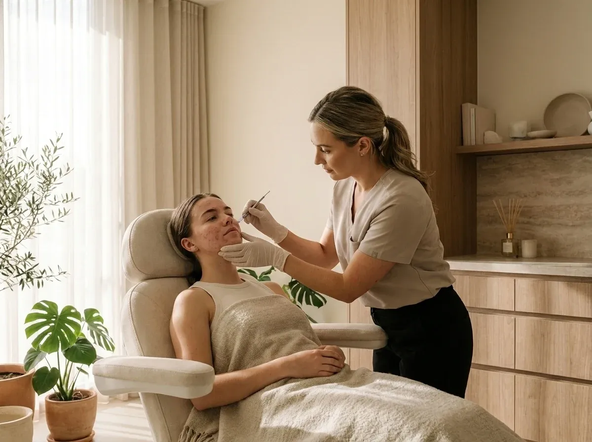 Aesthetician deep-cleansing a patient's skin during an acne treatment session at Symphony Clinic Dubai