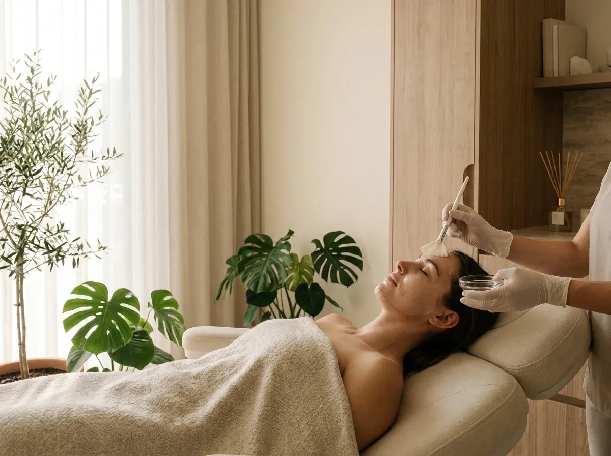 Aesthetician applying a chemical peel solution to a patient's face with a brush at Symphony Clinic Dubai
