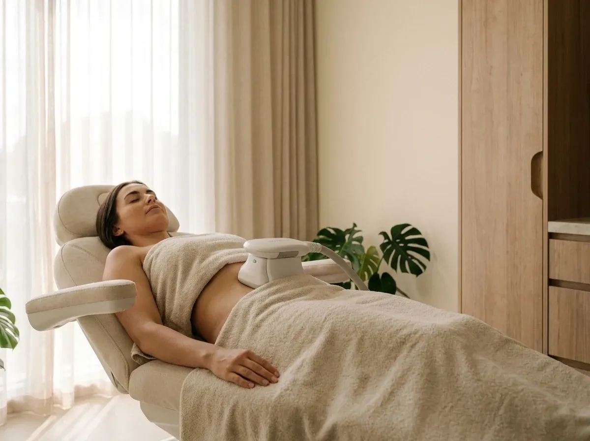Abdomen marked with contouring guide lines before a CoolSculpting fat freezing session at Symphony Clinic Dubai