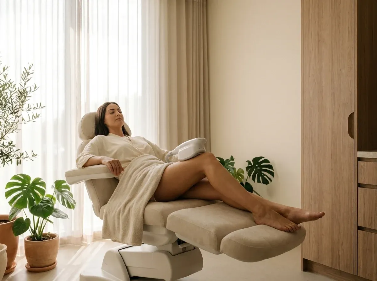 CoolSculpting applicator treating a patient's thigh at Symphony Clinic Dubai