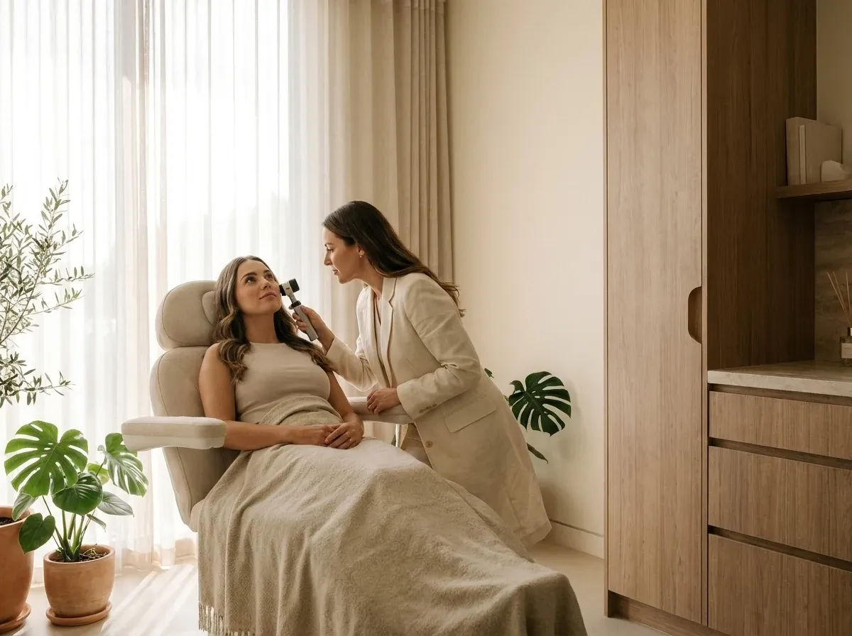 Dermatologist in a white coat consulting a patient at Symphony Clinic Dubai