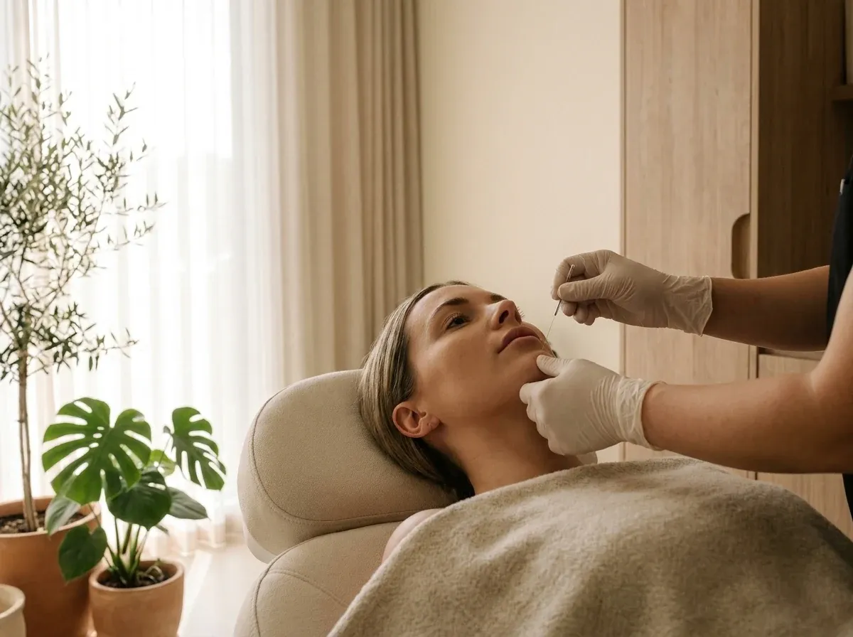 Practitioner examining a patient's chin and jawline before double chin removal treatment at Symphony Clinic Dubai