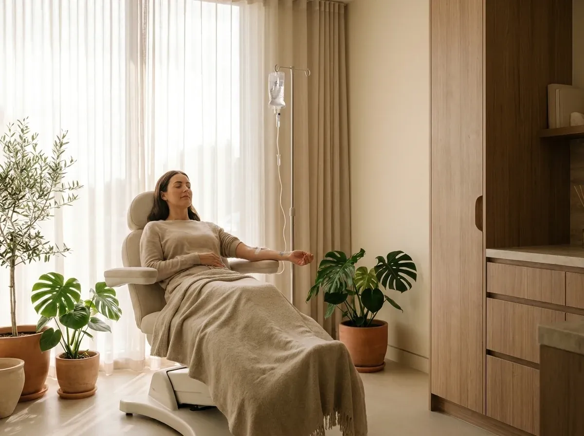 Patient receiving a glutathione IV drip during a treatment session at Symphony Clinic Dubai