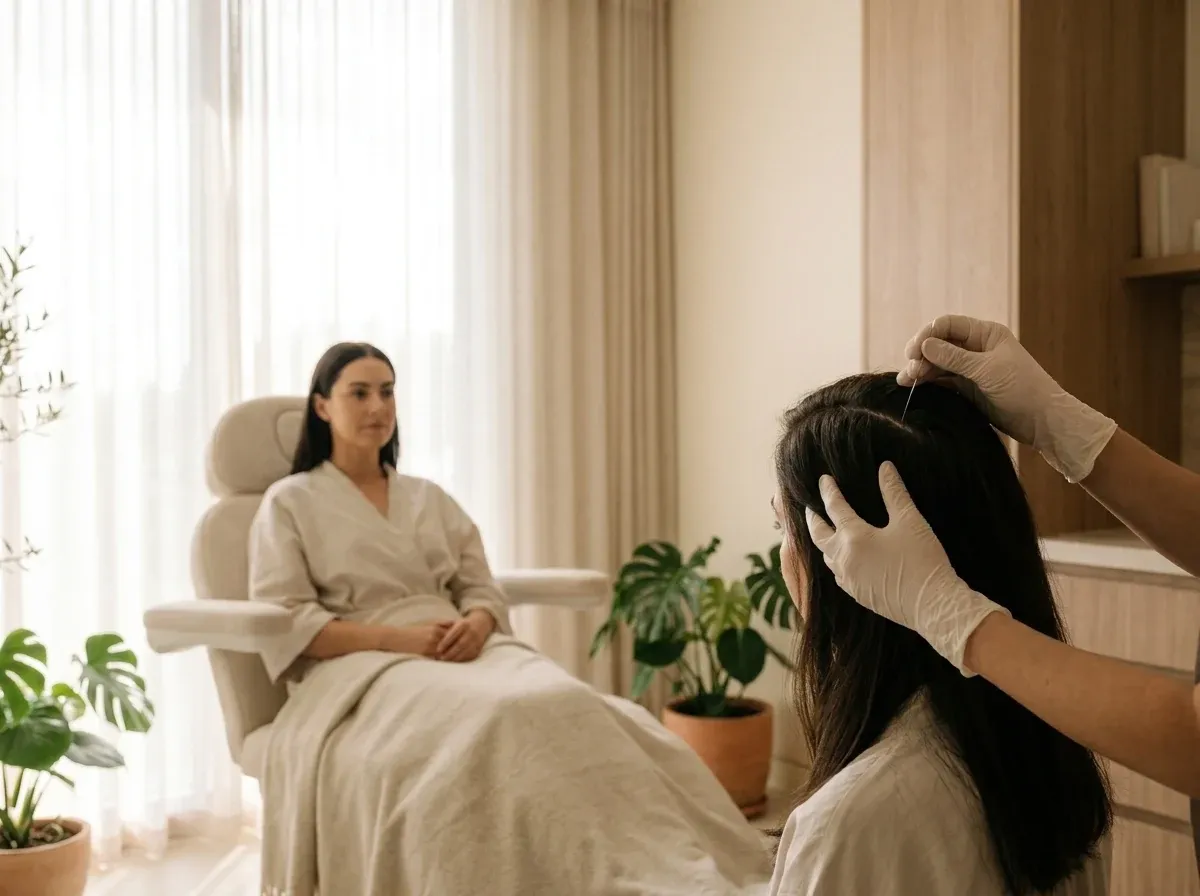 Scalp micro-injection during a hair exosome therapy session at Symphony Clinic Dubai