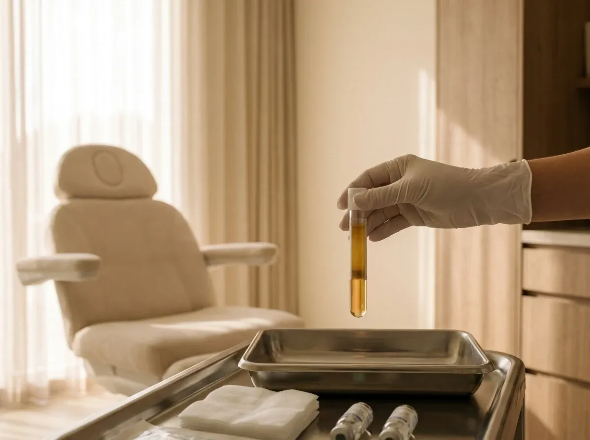 Practitioner holding a tube of platelet-rich plasma during a PRP session at Symphony Clinic Dubai