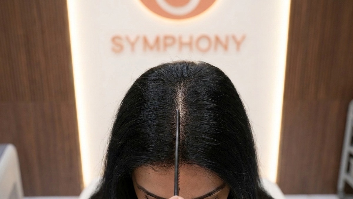 Denser hair along a narrow parting after PRP at Symphony Clinic Dubai