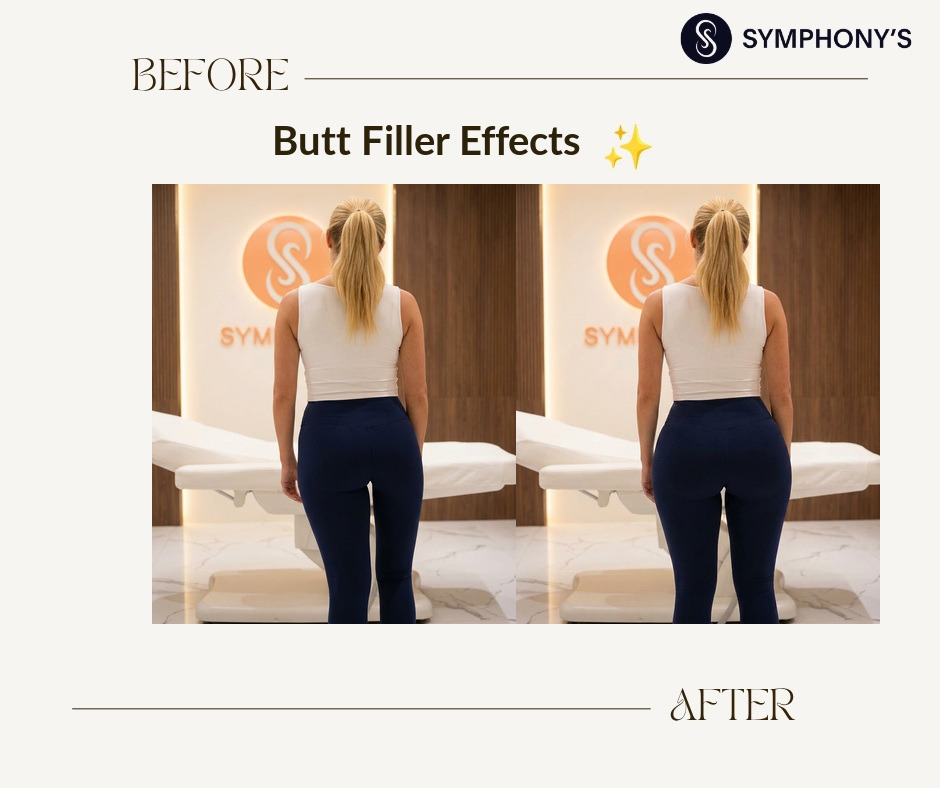 Butt filler before and after at Symphony Clinic Dubai: hip dips filled