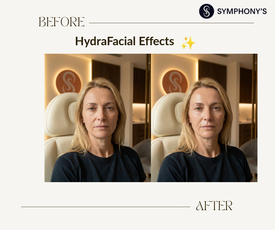 HydraFacial before and after at Symphony Clinic Dubai: dehydrated skin plumped