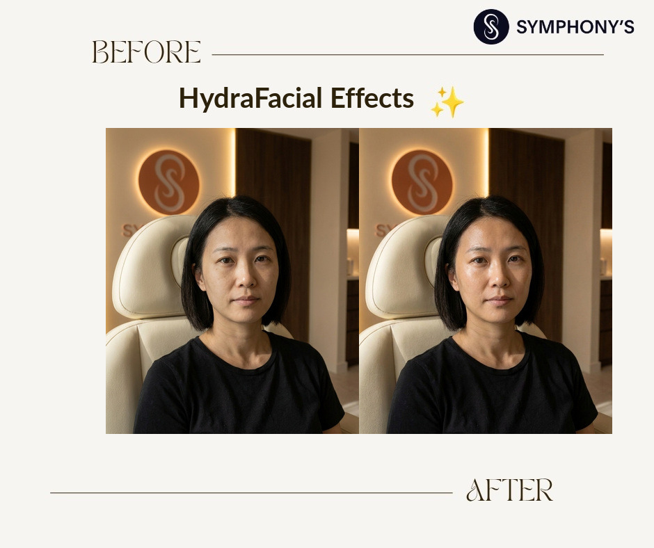 HydraFacial before and after at Symphony Clinic Dubai: uneven tone evened out