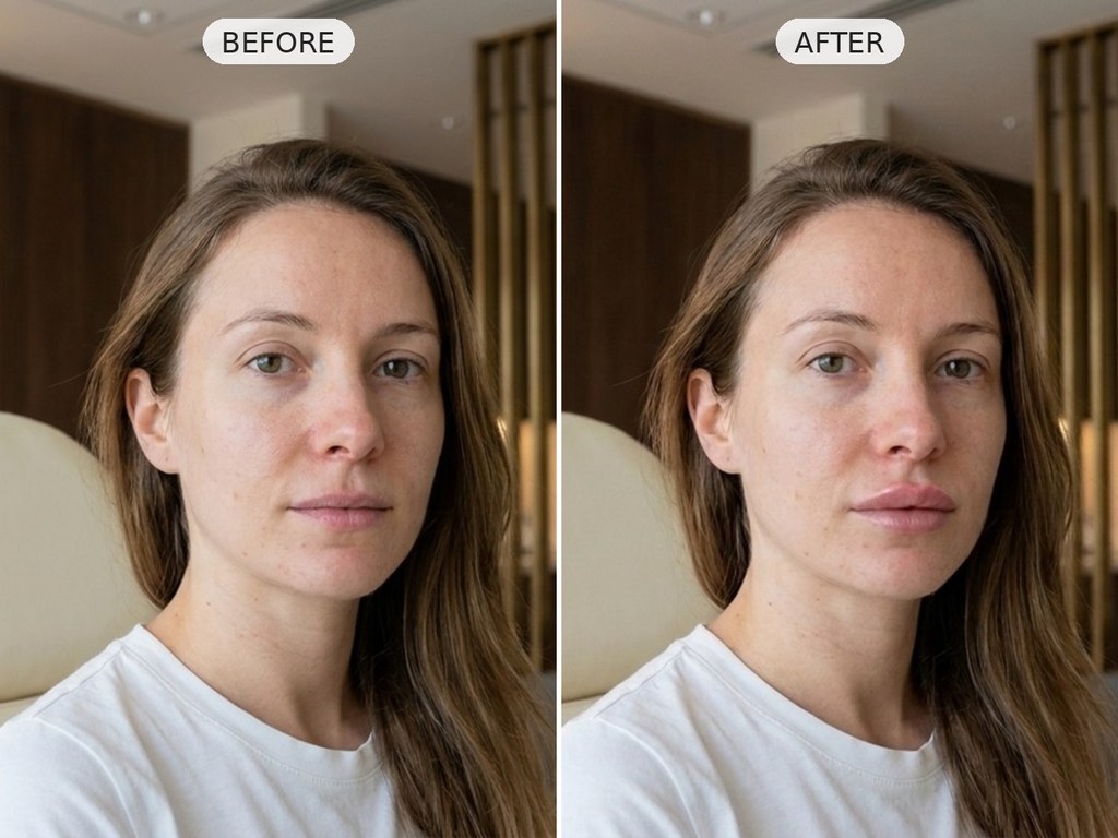 Lip filler before and after at Symphony Clinic Dubai: subtle, natural volume