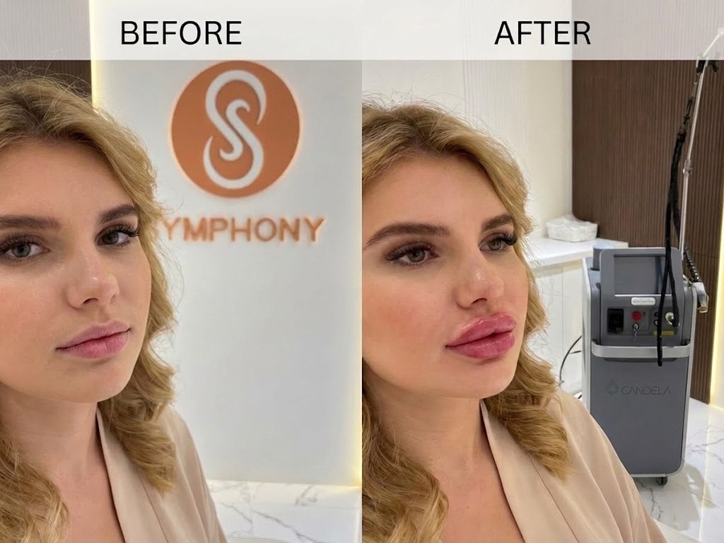 Lip filler before and after at Symphony Clinic Dubai: fuller pout with a soft finish