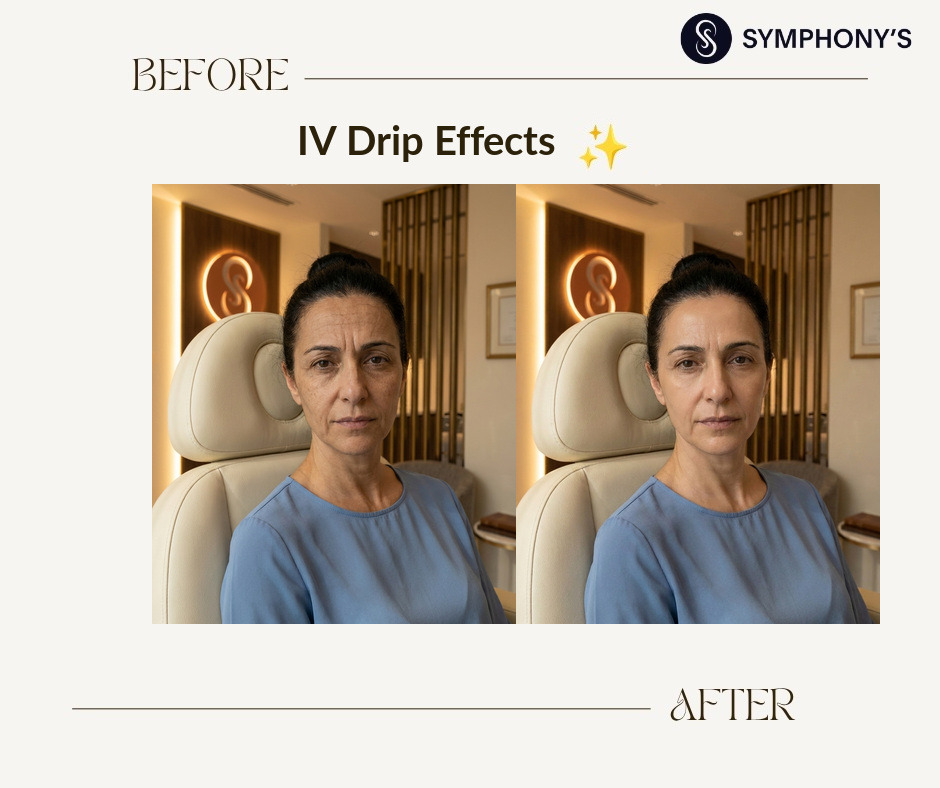 Glutathione IV drip before and after at Symphony Clinic Dubai: tone evened