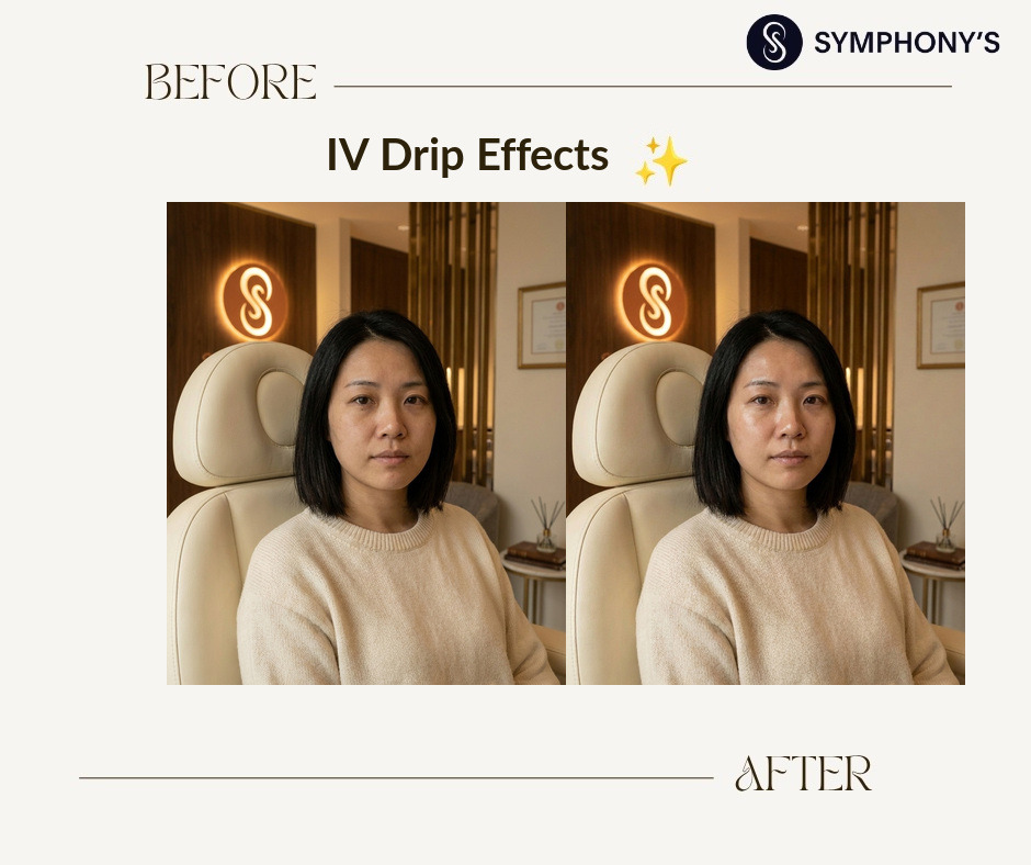 Glutathione IV drip before and after at Symphony Clinic Dubai: glow restored