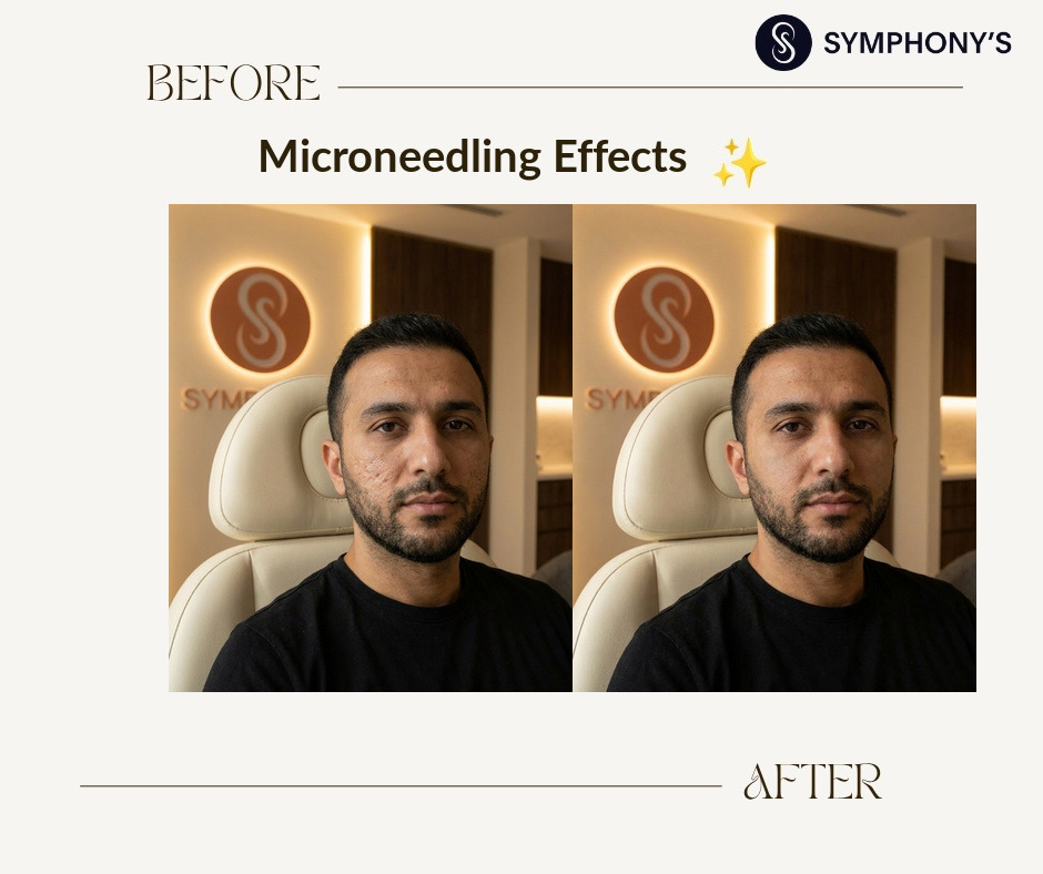Microneedling before and after at Symphony Clinic Dubai: acne scarring smoothed