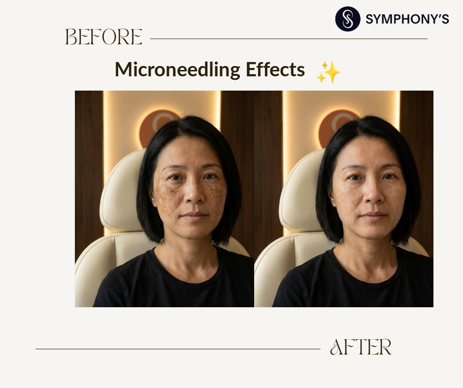 Microneedling before and after at Symphony Clinic Dubai: pigmentation faded