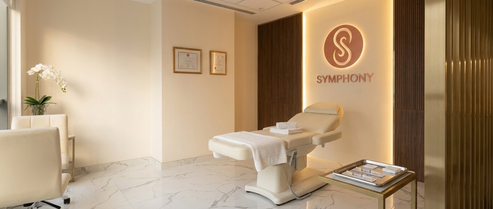 Treatment room at Symphony Clinic Business Bay, prepared with a sterile tray