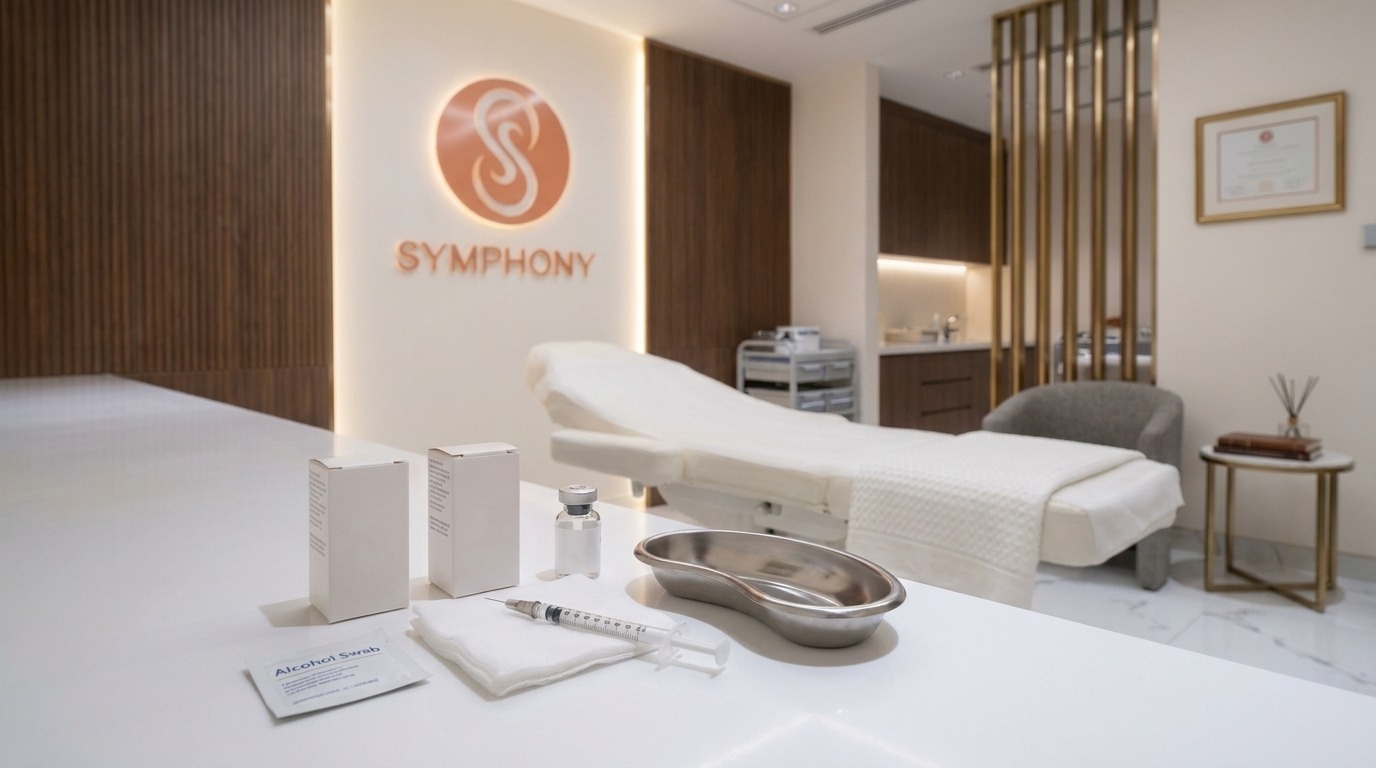 Everything included in a lip filler treatment at Symphony Clinic Dubai, sealed product, syringe and sterile tray laid out in the treatment room