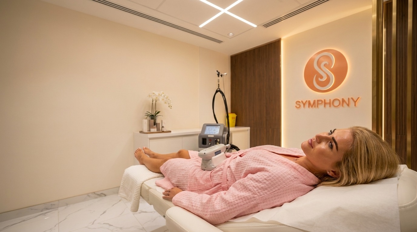 Everything included in a CoolSculpting session at Symphony Clinic Dubai, the cooling applicator laid out in the treatment room