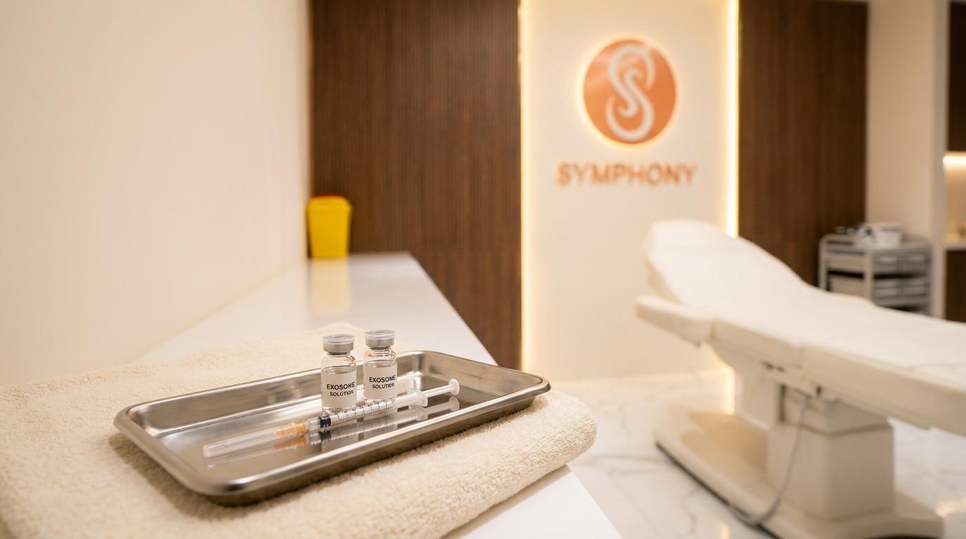 Everything included in an exosome session at Symphony Clinic Dubai, vials and a sterile tray in the treatment room