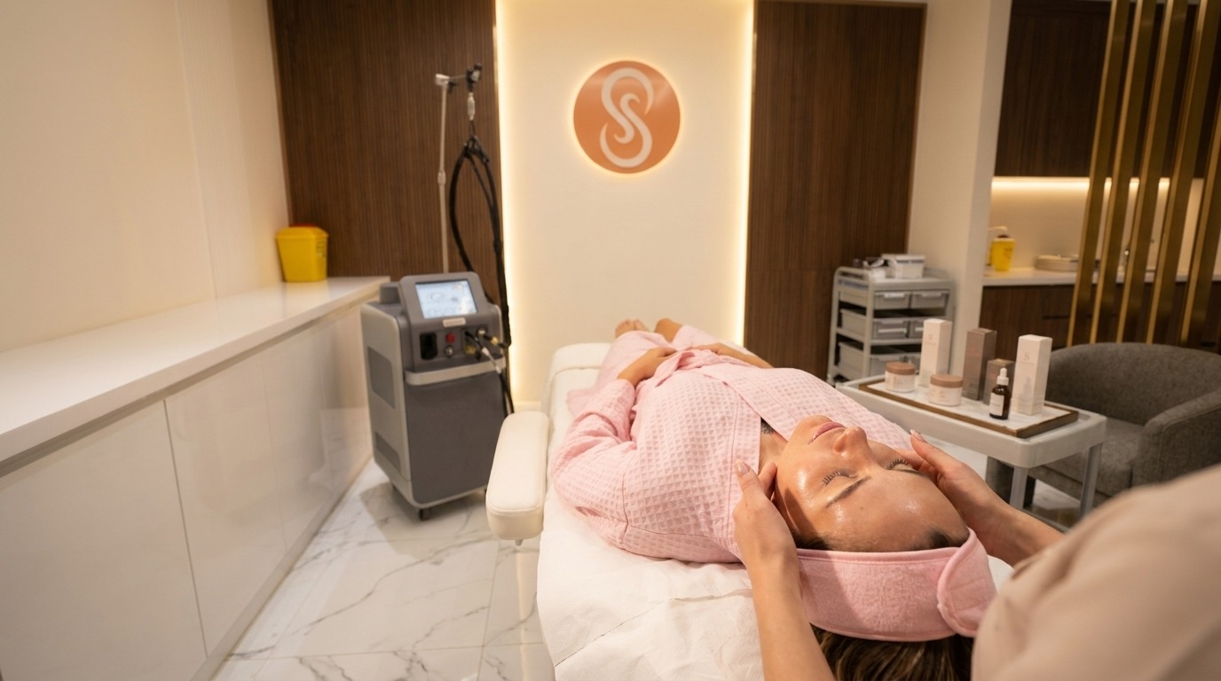 HydraFacial at Symphony Clinic Dubai: the handpiece, the serums and a sterile tray laid out in the treatment room