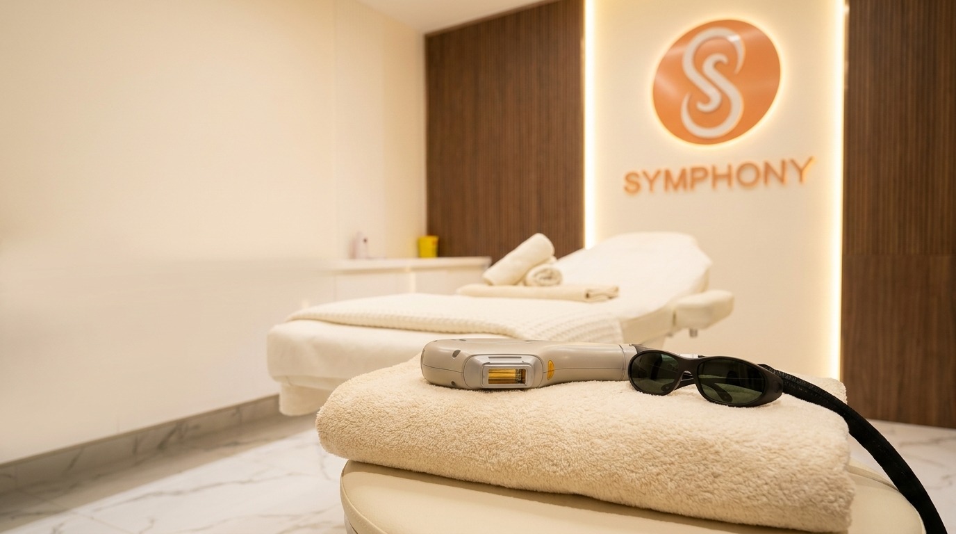 Laser hair removal session at Symphony Clinic Dubai: the handpiece and protective glasses in the treatment room