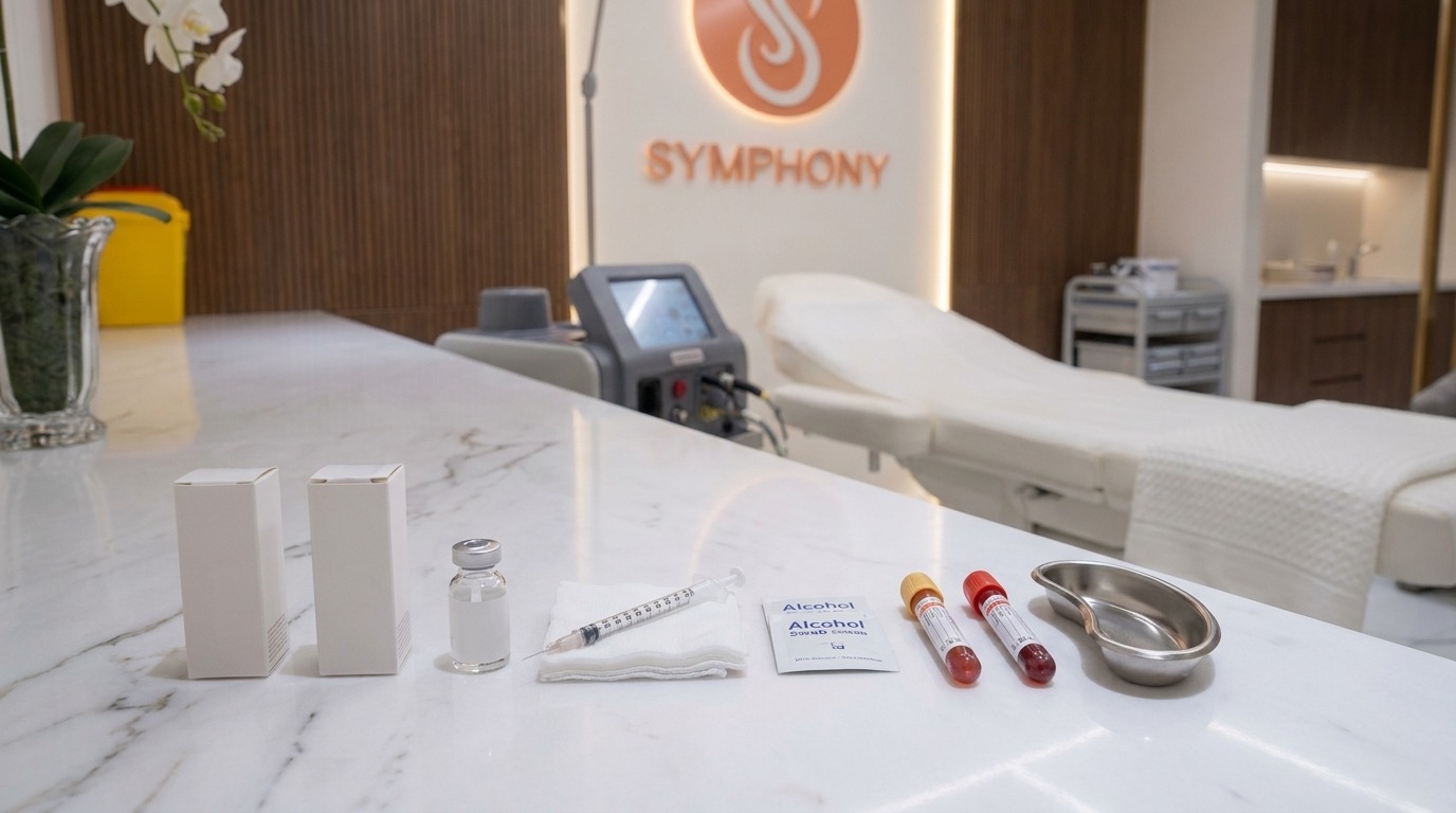 Peptide protocol at Symphony Clinic Dubai: sealed vials and sterile tray laid out in the treatment room