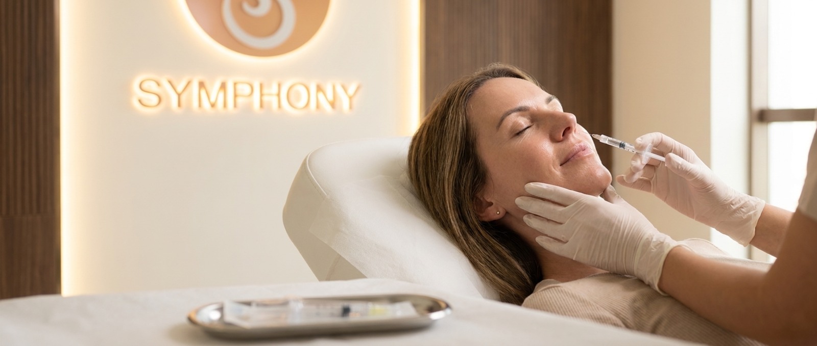 Treatment room at Symphony Clinic Business Bay, prepared with a sterile tray